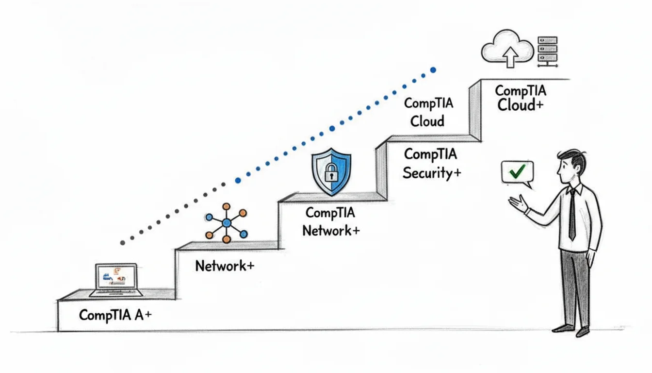 IT career development plan showing progression through CompTIA A+, Network+, and Security+ certifications within 6-12 months.