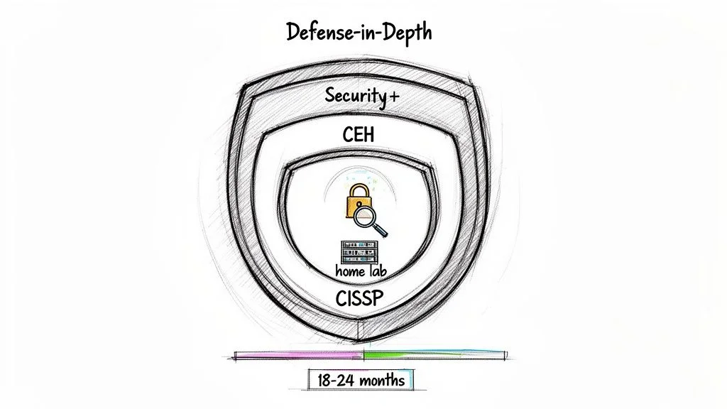 A shield diagram illustrates Defense-in-Depth for cybersecurity career development, showing certifications and a home lab over 18-24 months.