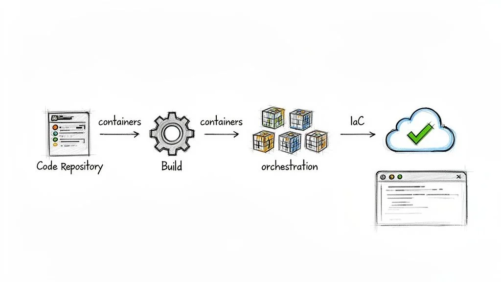 A DevOps pipeline diagram showing code repository, build, container orchestration, and cloud deployment.