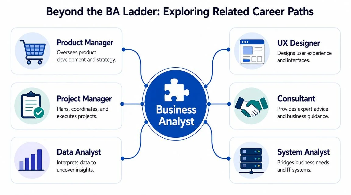 Flowchart illustrating BA career branching into specializations.