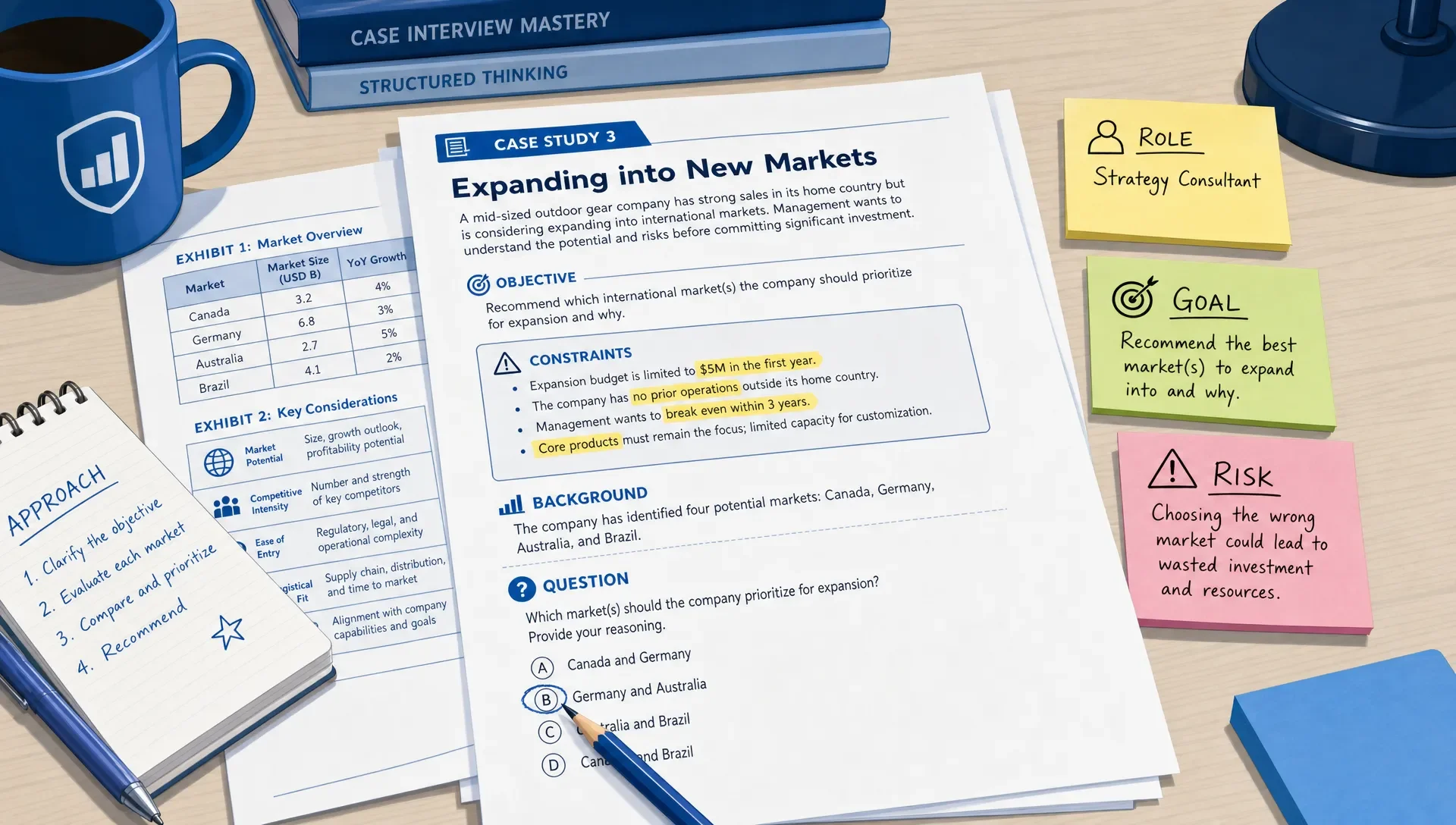 Printed case study prompts on a study desk, with highlighted sections and sticky notes for role, goal, and risk.