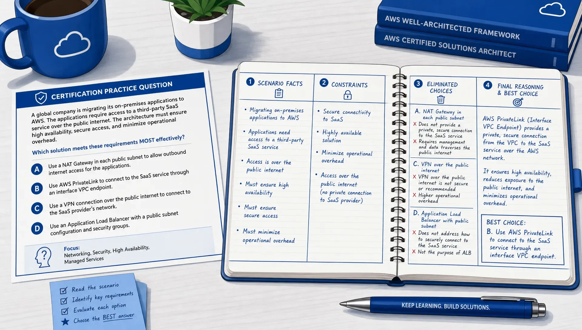 Notebook open next to a certification practice question, with sections for scenario facts, constraints, and reasoning.