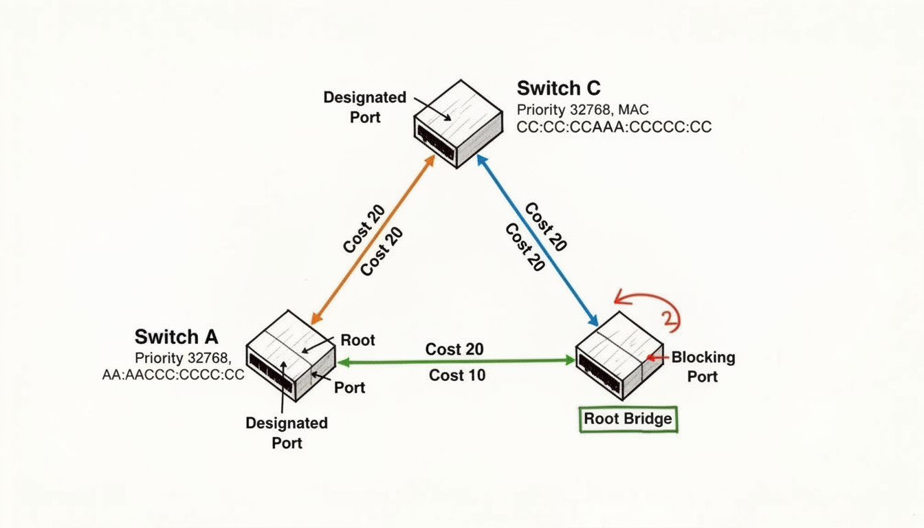 Diagram illustrating the process of Spanning Tree Protocol (STP) Operations