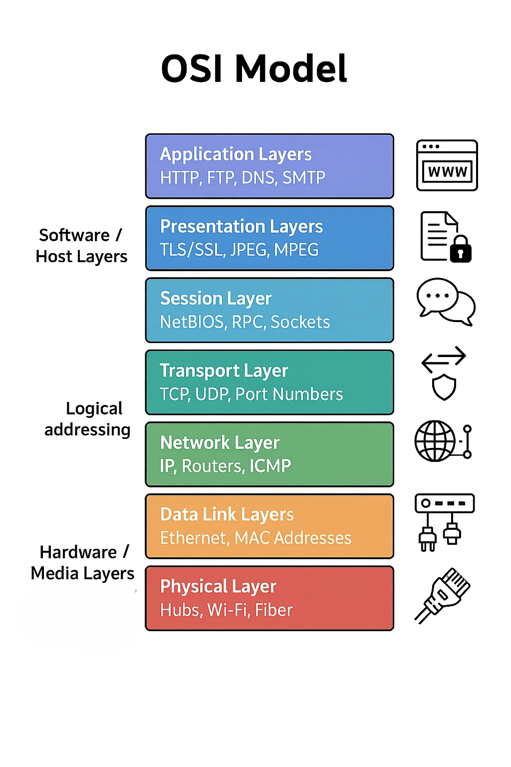 Infographic showing a concept map of the OSI Model, connecting it to the Physical, Transport, and Application layers with examples like hubs, TCP, and HTTP.