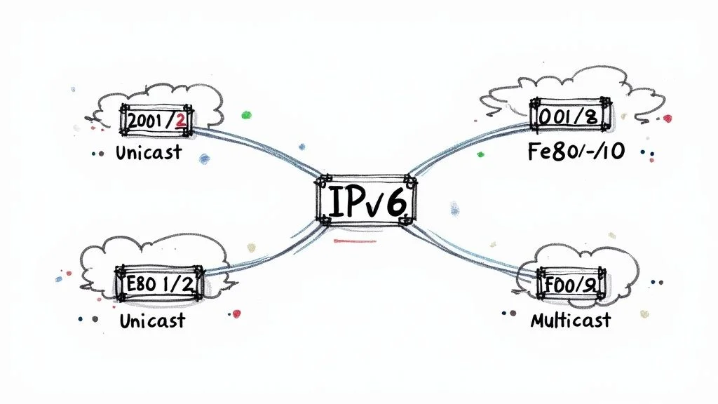 An infographic showing various aspects of IPv6 addressing, including hexadecimal notation, address compression rules, and the structure of global unicast and link-local addresses.