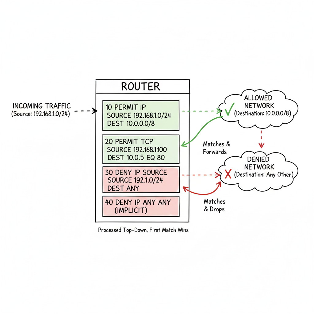 An infographic illustrating the concept of Access Control Lists (ACLs), showing a router with a checklist acting as a filter for network traffic, with green checkmarks for permitted packets and red 'x' for denied packets.