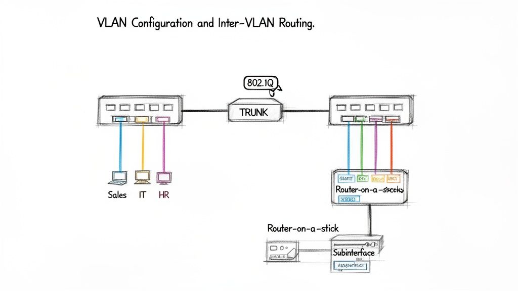 Network diagram illustrating VLAN configuration and inter-VLAN routing using switches, trunk link, and a router-on-a-stick.