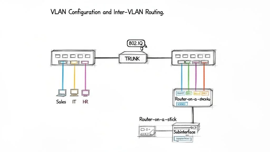Network diagram illustrating VLAN configuration and inter-VLAN routing using switches, trunk link, and a router-on-a-stick.