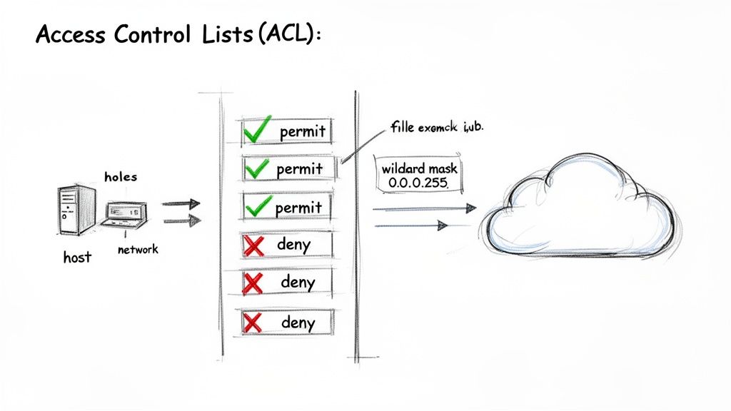 A diagram illustrating Access Control Lists (ACLs) with permit and deny rules for network traffic.