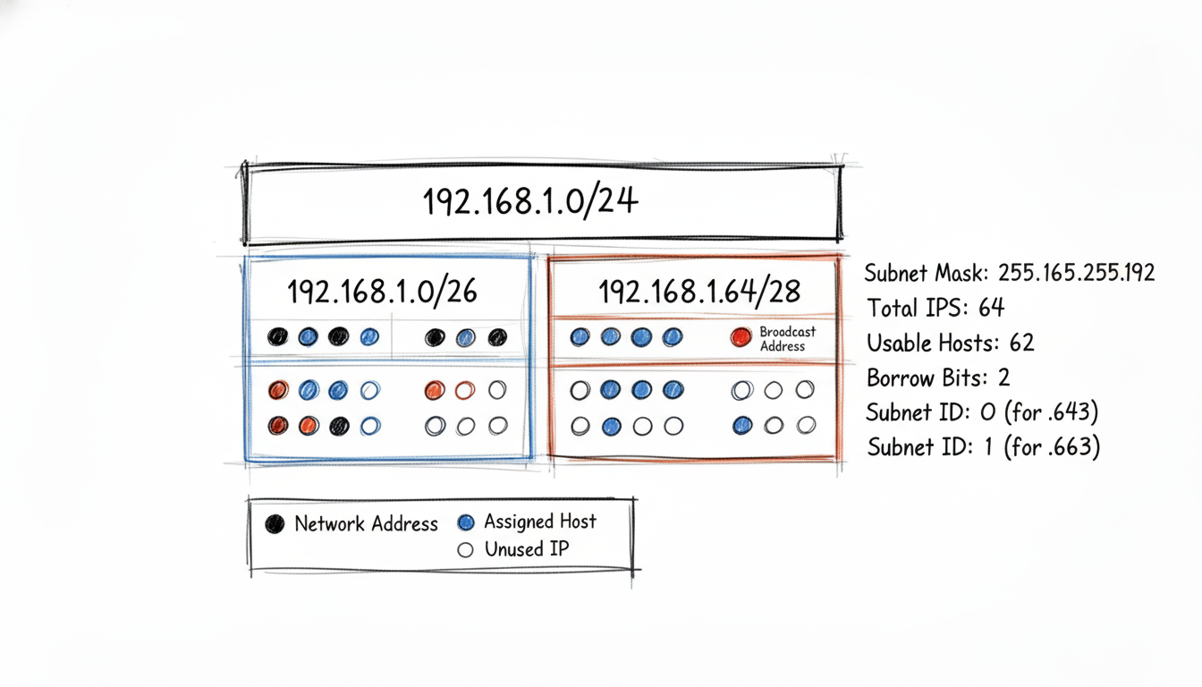 A hand-drawn diagram illustrating IP subnetting, showing a /24 network divided into two /26 subnets with host representations and related numbers.