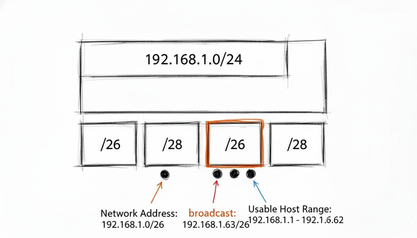 IP subnetting diagram illustrating a /24 network divided into subnets, with network, broadcast, and host range details.