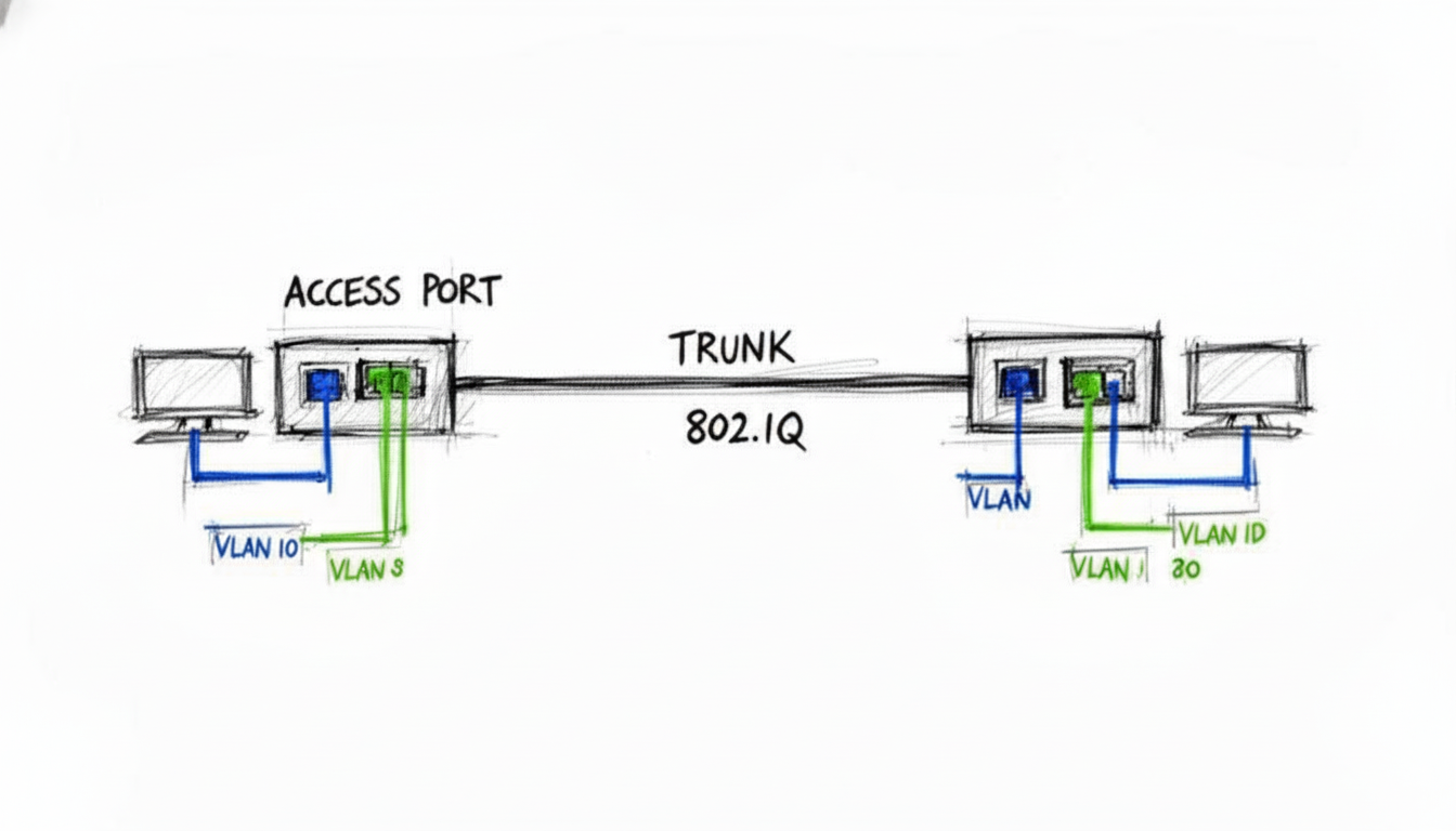 A network diagram showing two switches, each with access ports configured for different VLANs, connected by an 802.1Q trunk.