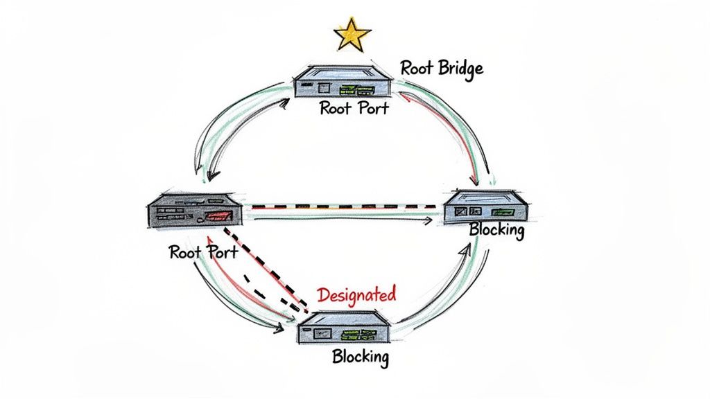A network diagram illustrating Spanning Tree Protocol (STP) with a Root Bridge, Root Ports, and a Blocking port to prevent loops.