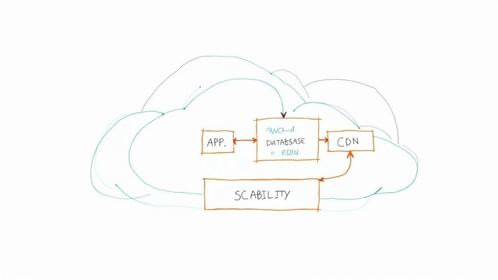 A hand-drawn diagram depicts a cloud architecture with app, database, CDN, and scalability components.
