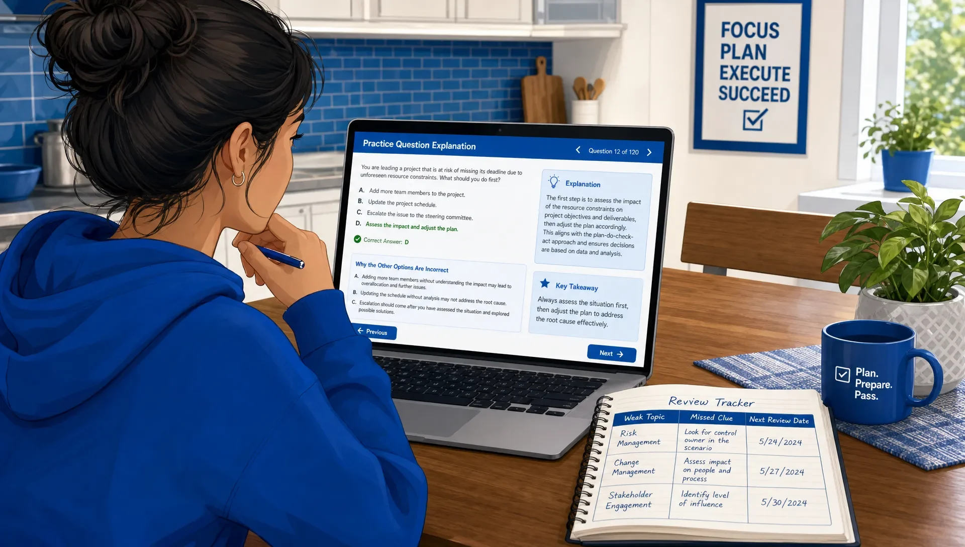 A learner reviewing certification practice question explanations at a kitchen table beside a notebook with columns for weak topic, missed clue, and next review date. The laptop screen faces the learner and is clearly visible.