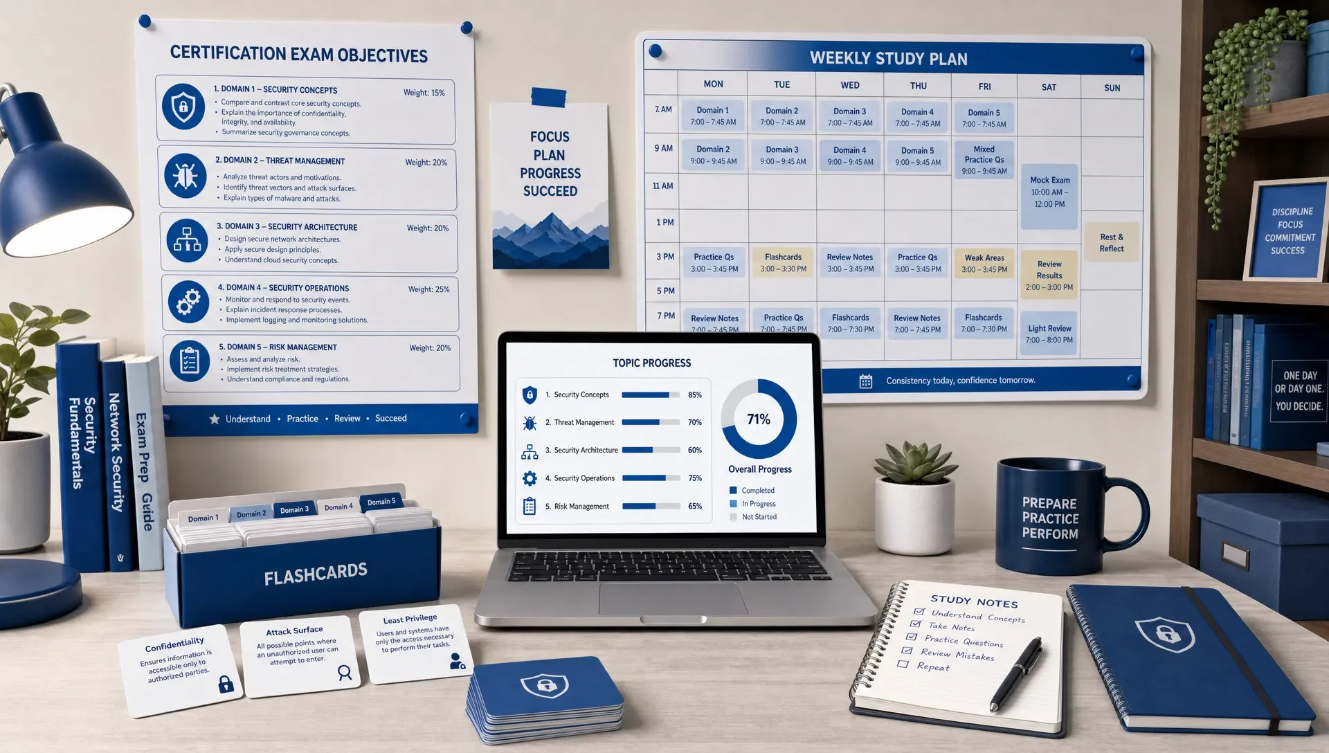 Study space with certification objectives, calendar, flashcards, and laptop showing topic progress.