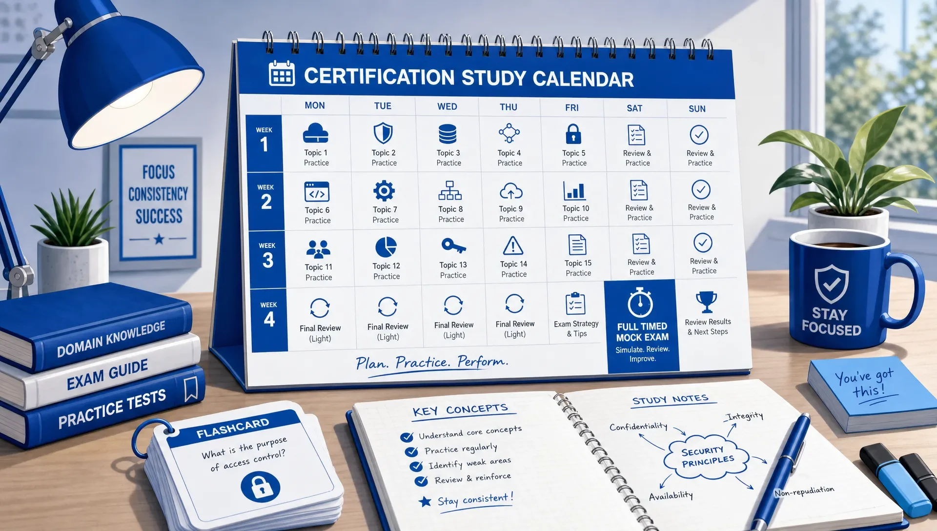 Study calendar showing practice sessions, flashcards, and notes.