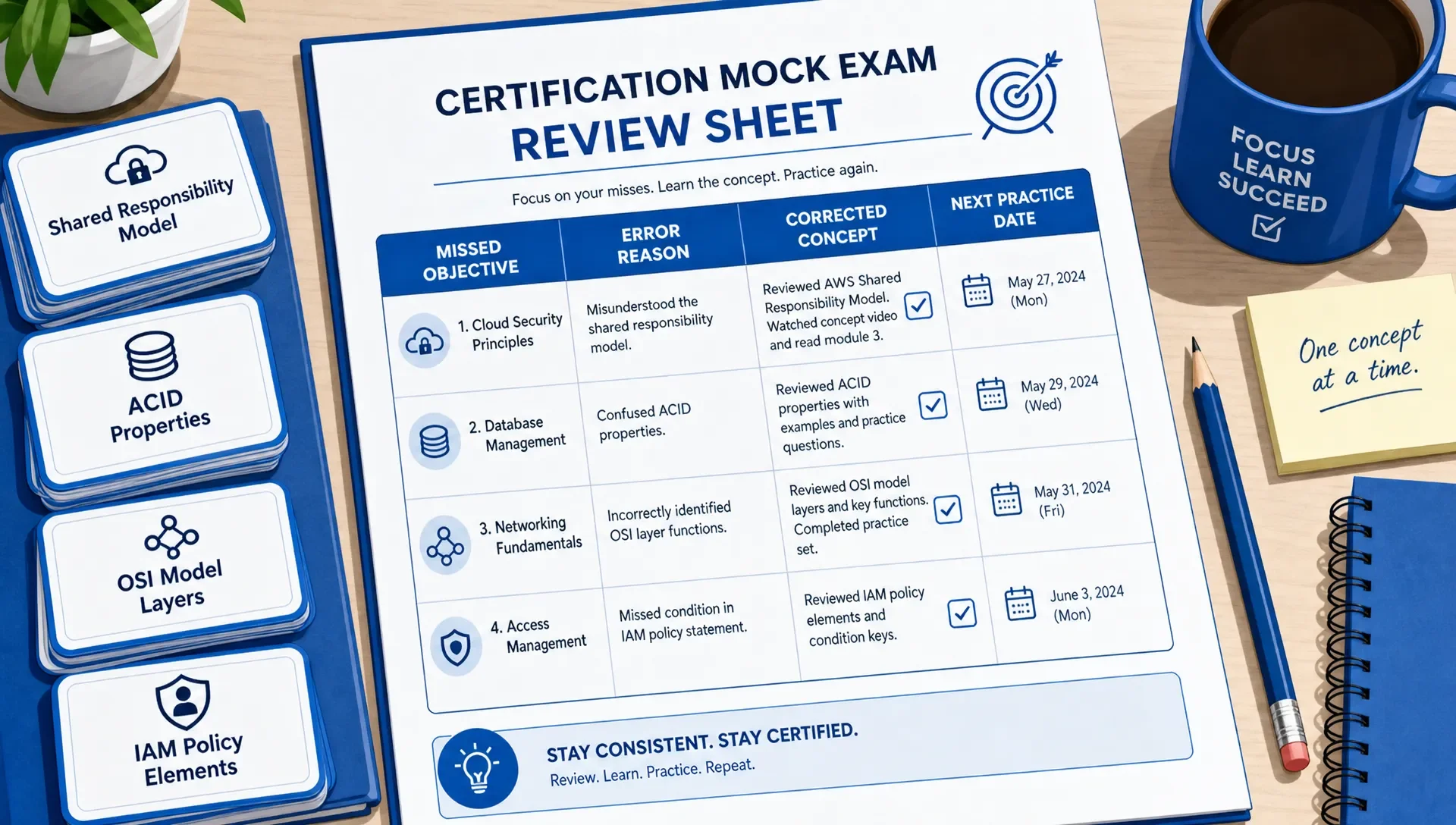 Mock exam review sheet with notes on missed objectives, error reasons, and next practice dates.