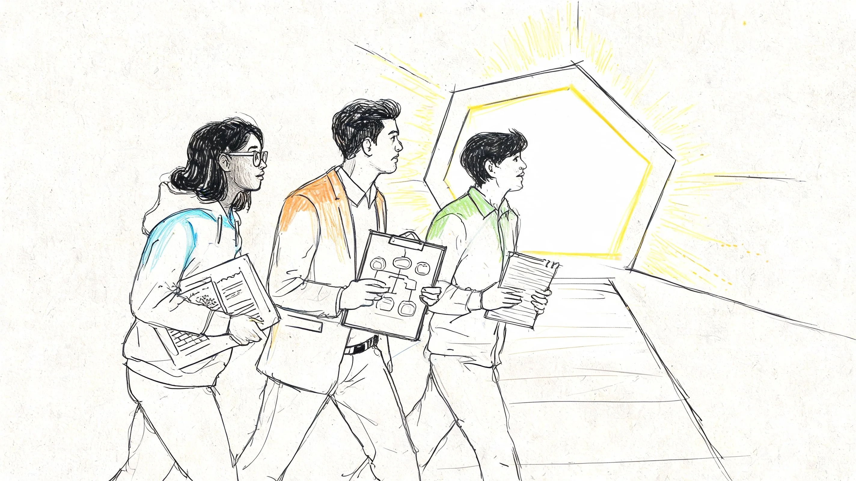 Three students walking together towards a glowing portal representing the PRINCE2 Foundation project management certification.