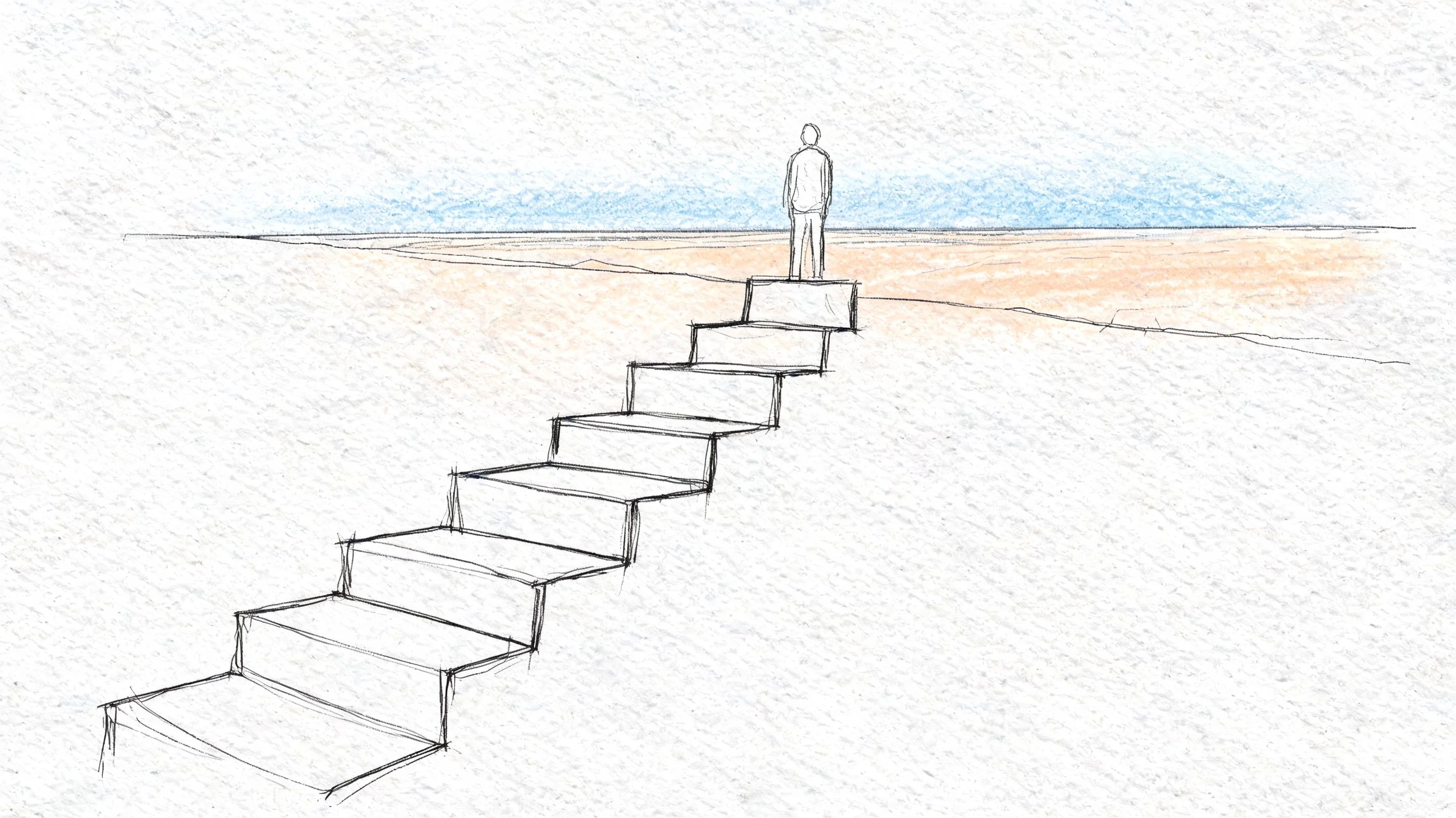 A person stands at the top of a long staircase leading to the horizon.