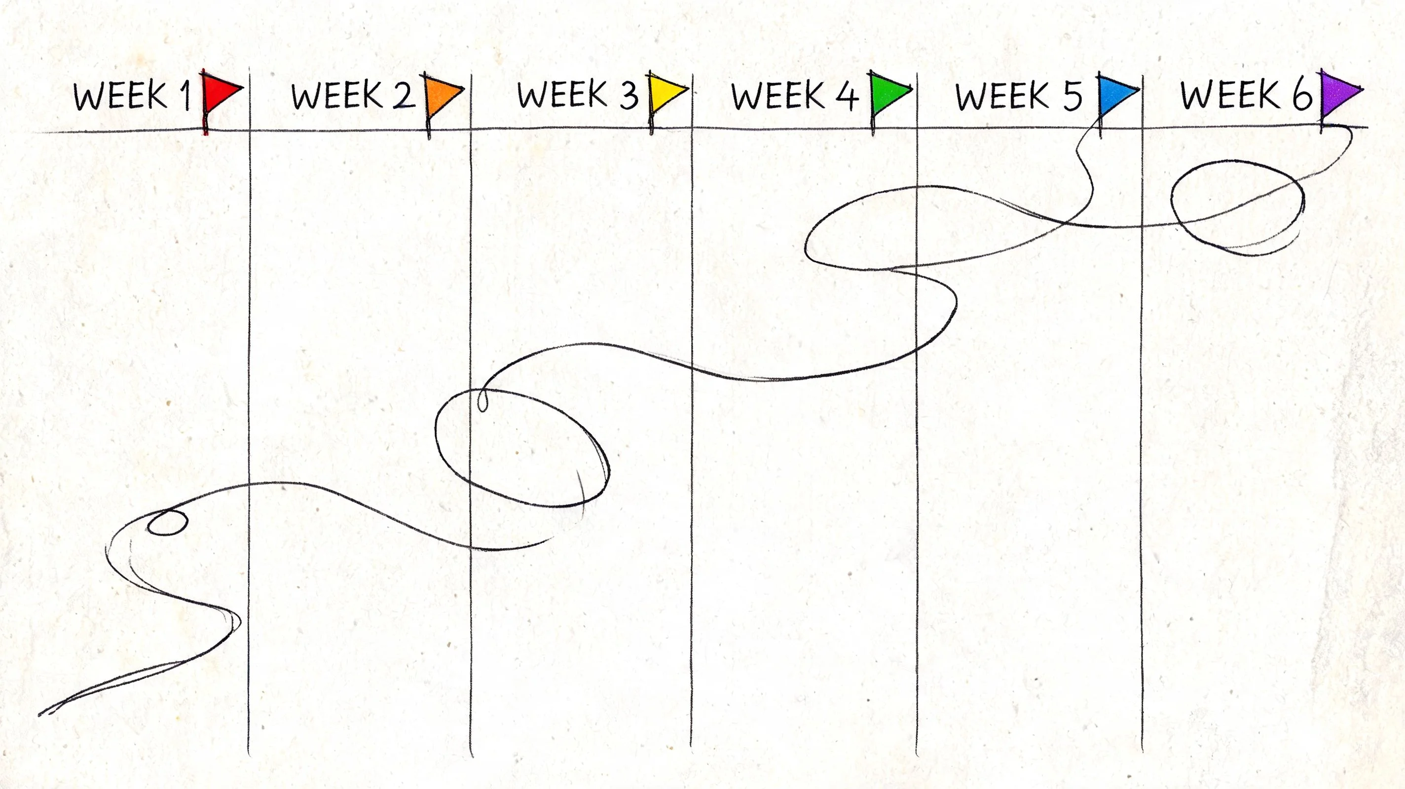 A hand-drawn timeline chart showing six weeks with colorful flag markers and a winding scribbled path line.