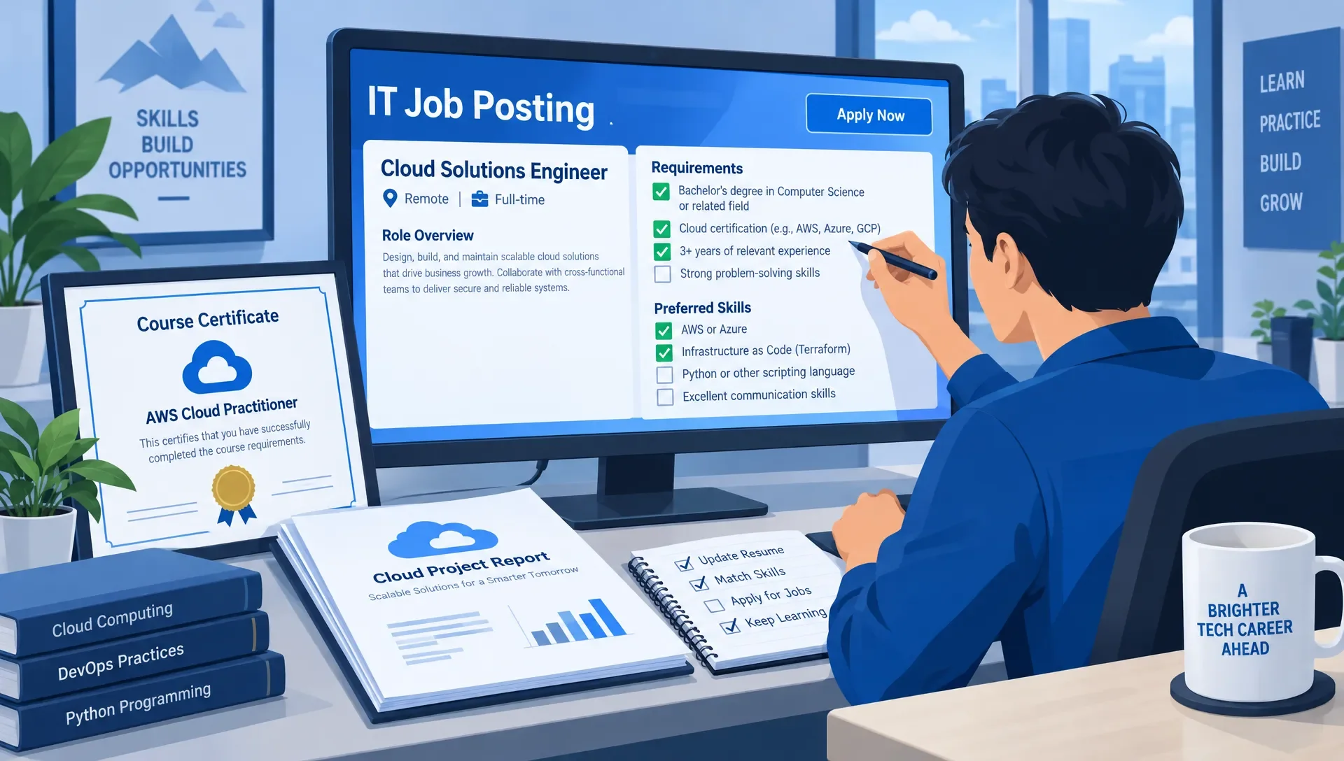 An IT job posting on a monitor beside a course certificate and cloud project report, with a person marking the role's credential and skill requirements.