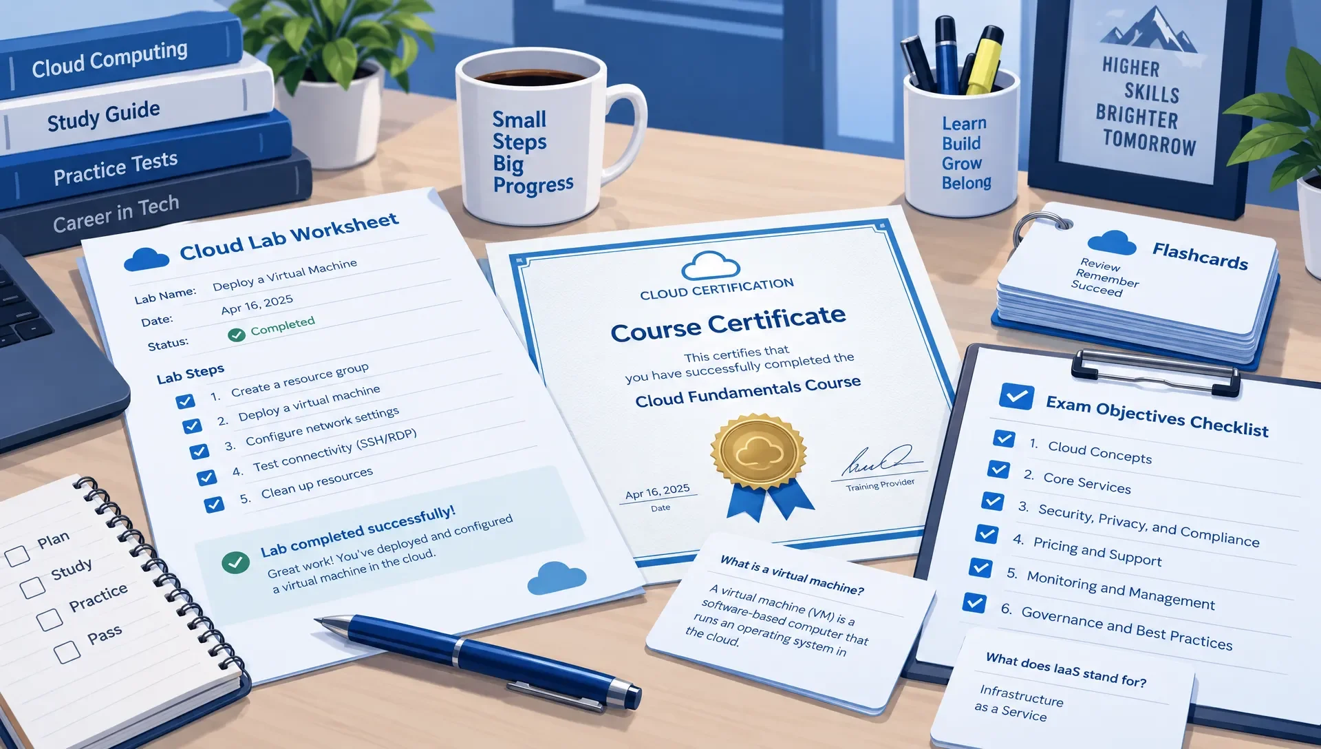 A completed cloud lab worksheet and course certificate sit beside flashcards and an official exam objectives checklist on a learner's study table.
