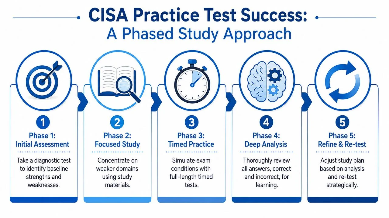 A five-step infographic illustrating a phased study approach to achieve success on the CISA practice test.
