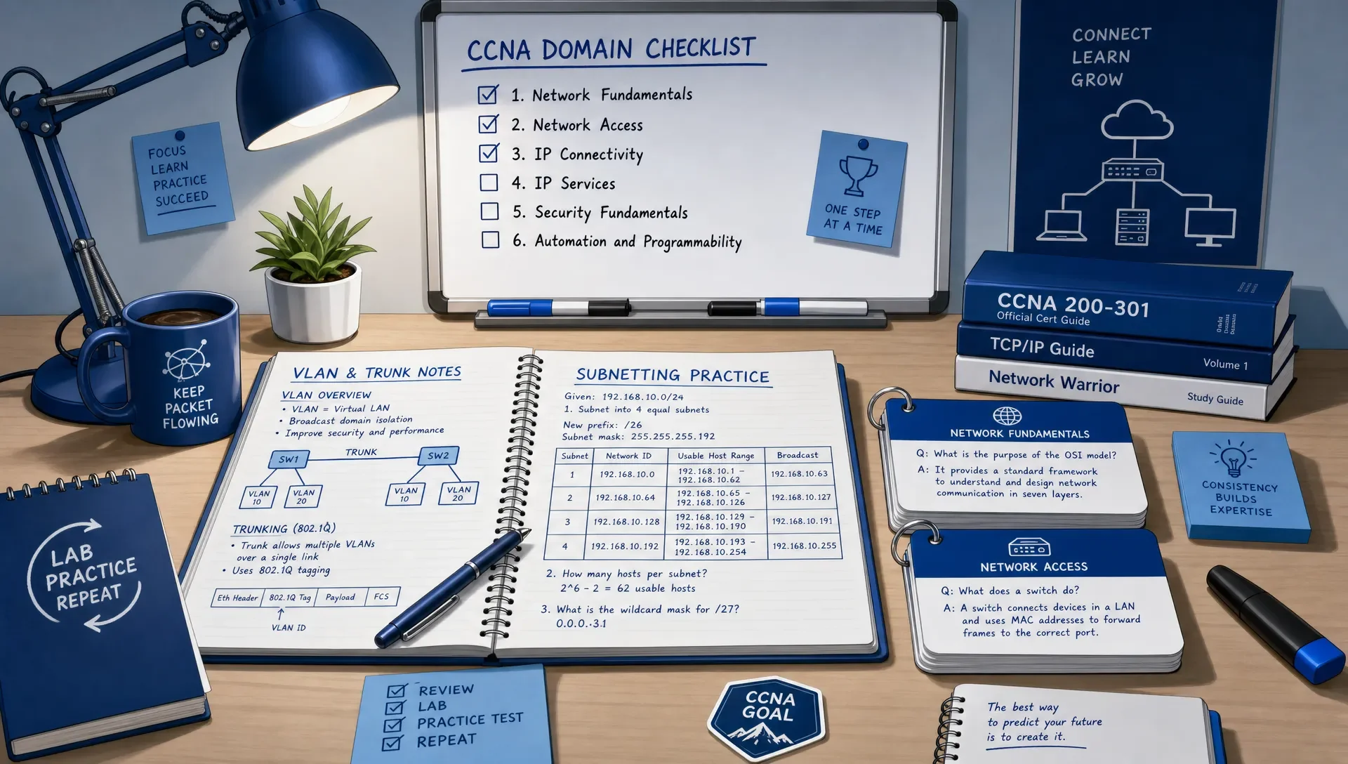 A study desk shows a CCNA domain checklist, VLAN and trunk notes, subnetting practice, and flashcards for Network Fundamentals and Network Access.