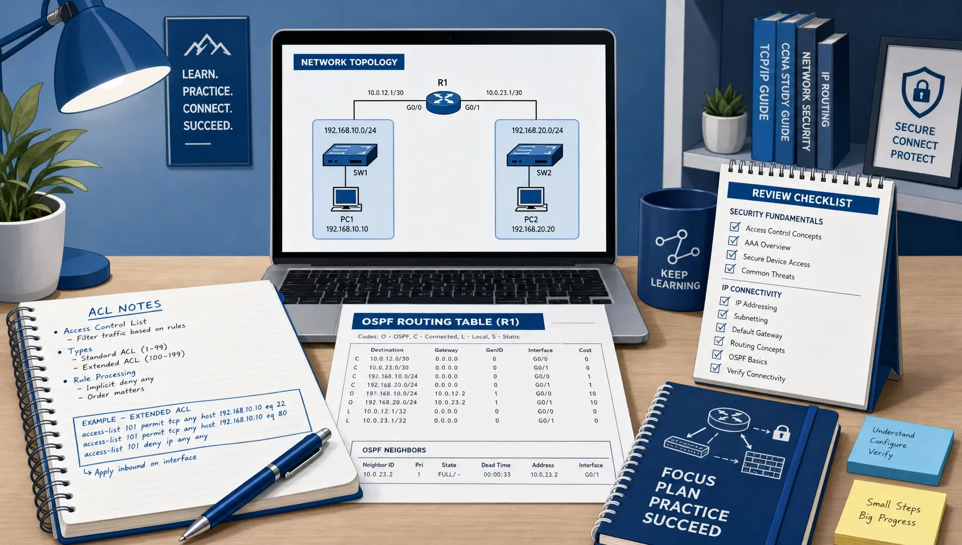 A clean network study workspace shows a router and switch diagram, ACL notes, an OSPF routing table printout, and a review checklist for Security Fundamentals and IP Connectivity.