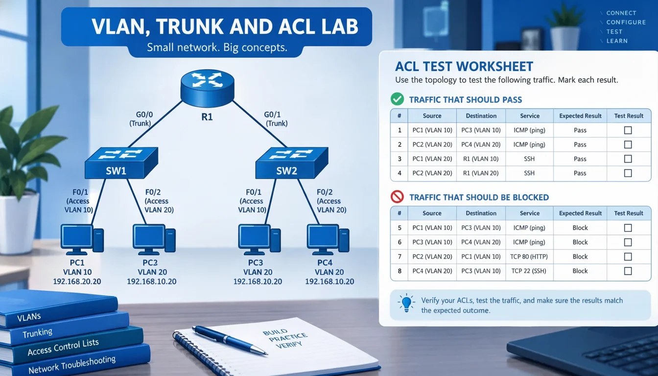 Network diagram with a router and switches, alongside a worksheet for ACL testing.