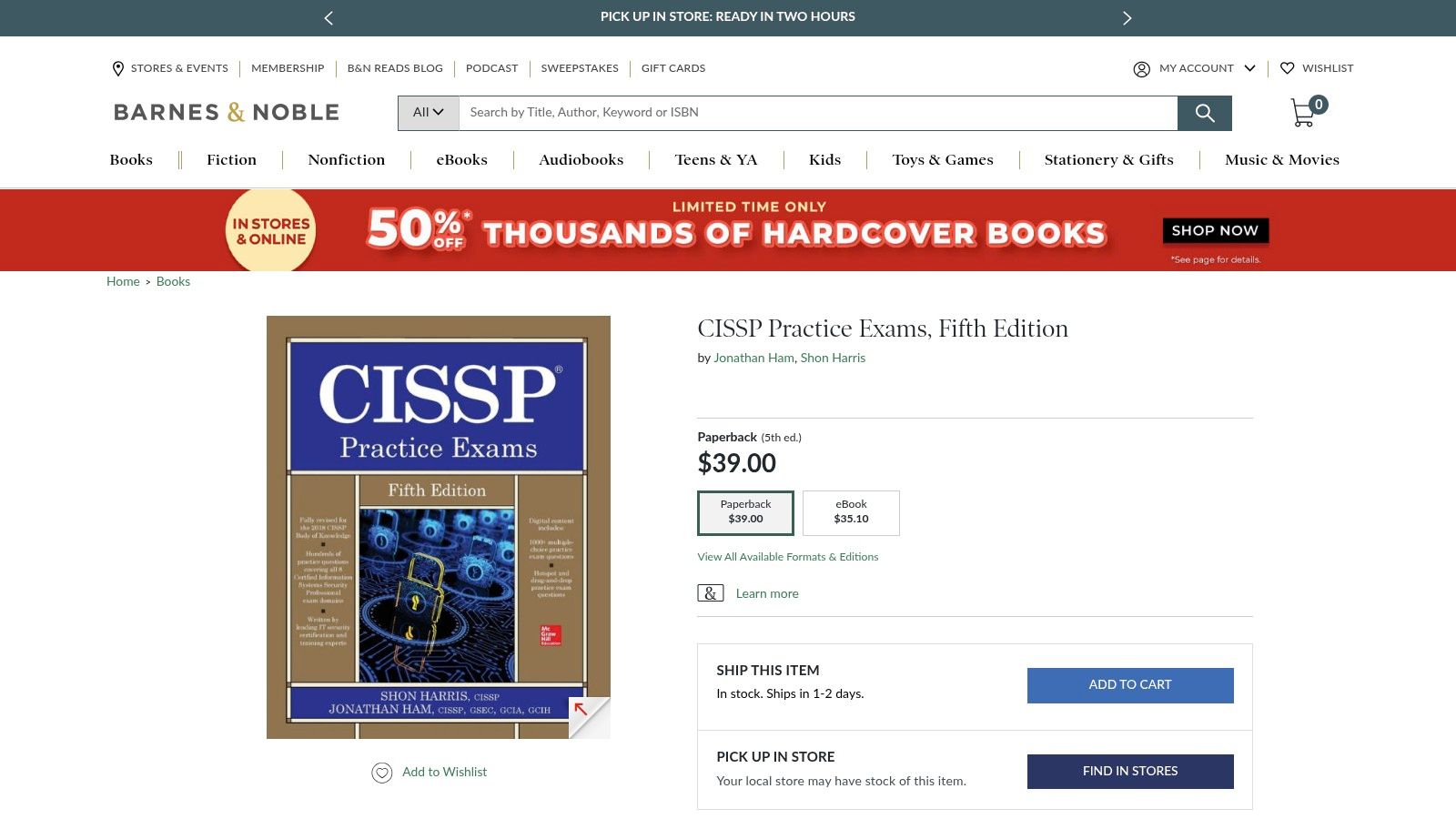 Barnes & Noble – CISSP Practice Exams (McGraw Hill; Shon Harris/Jonathan Ham)