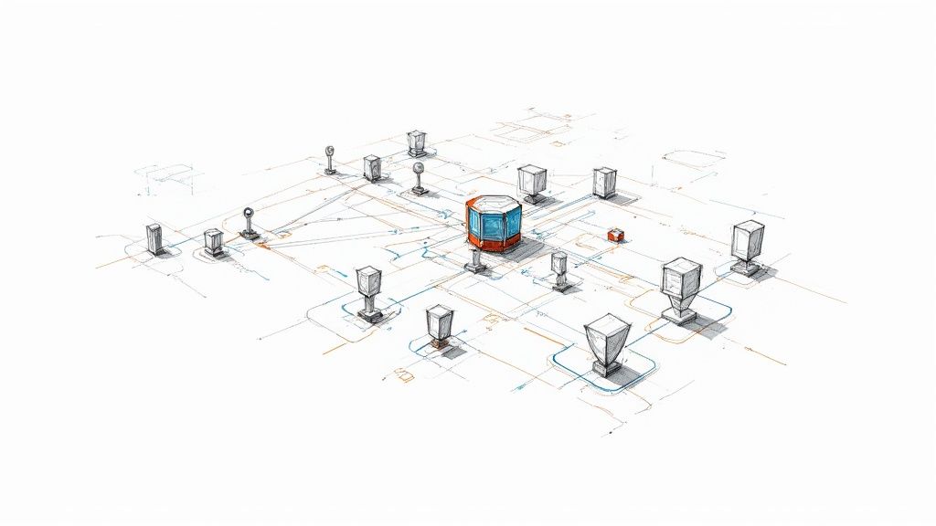 A diagram illustrating the components of a secure system architecture, including firewalls, servers, and data encryption.