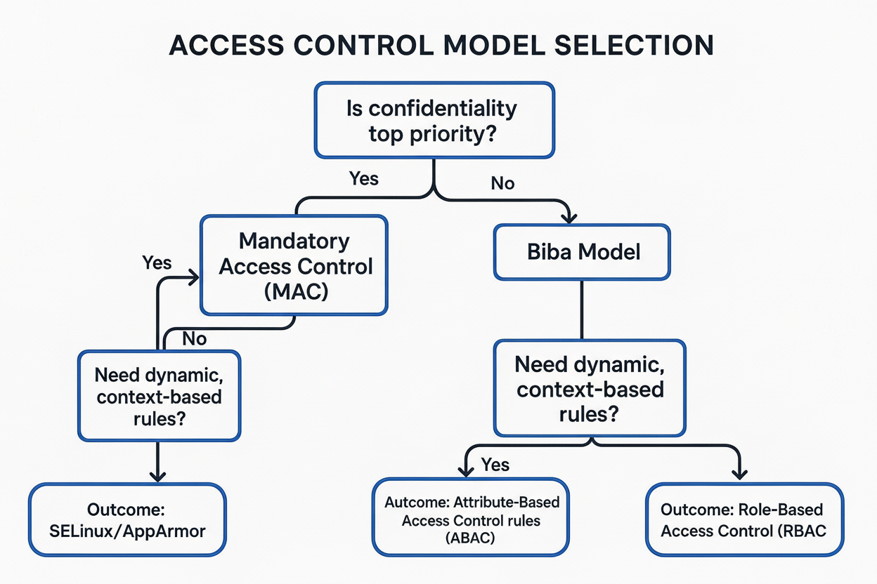 Infographic showing key data about Access Control Models and Implementation decision tree starting with confidentiality and integrity, leading to different access control models.