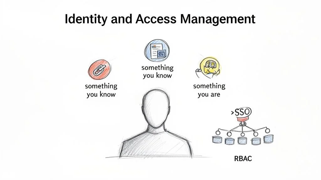 Diagram illustrating Identity and Access Management, authentication factors, Single Sign-On, and Role-Based Access Control.