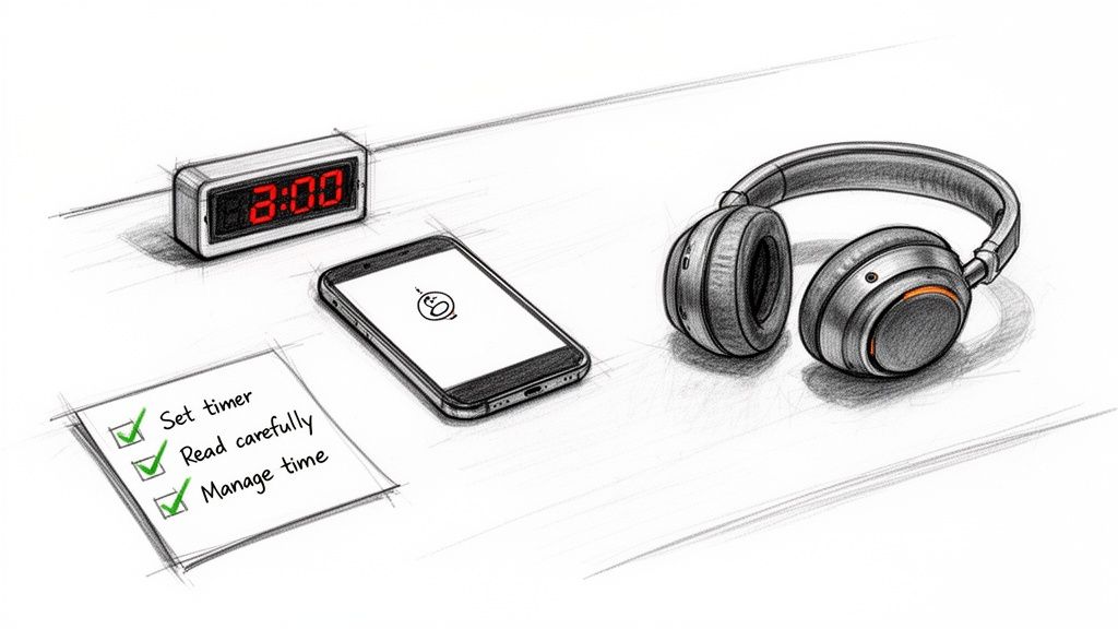 A detailed sketch showing study tools: a digital timer, smartphone, headphones, and a checklist.