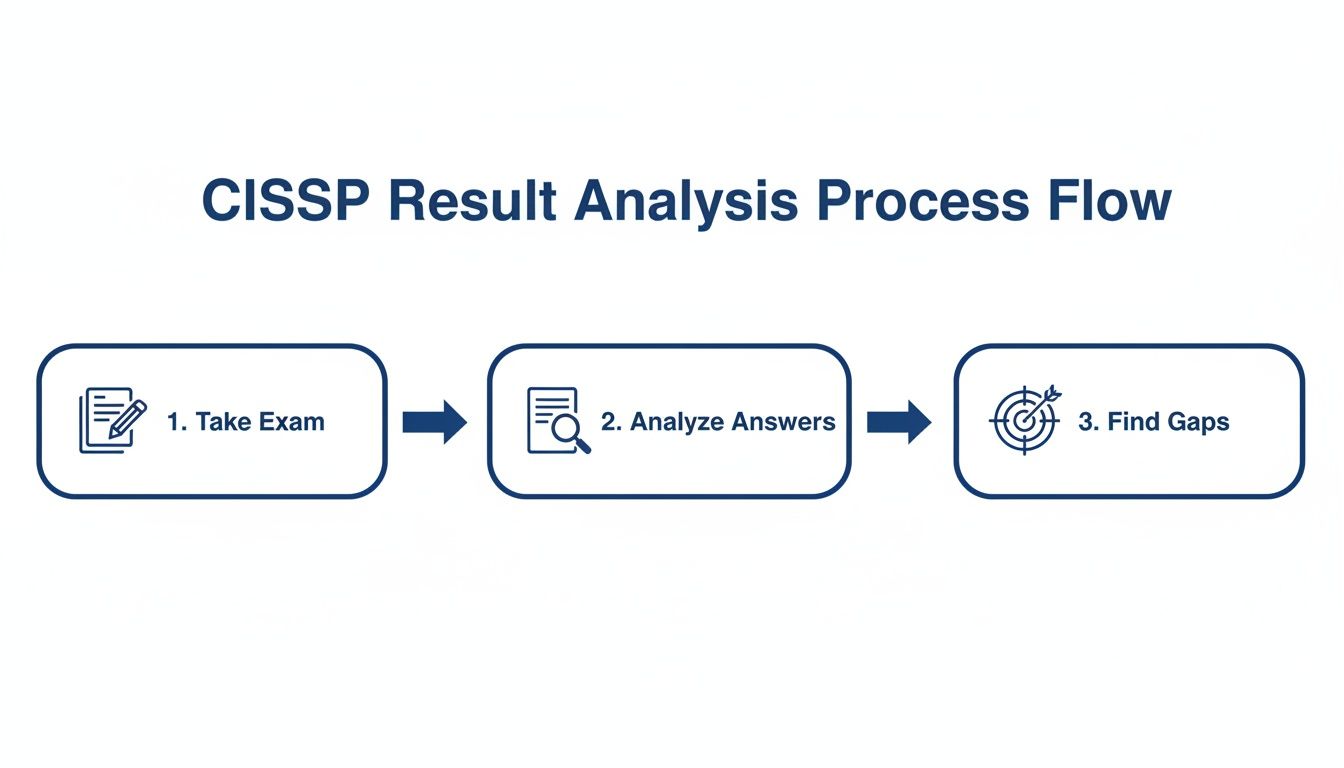 Flowchart illustrating the CISSP result analysis process: Take Exam, Analyze Answers, Find Gaps.