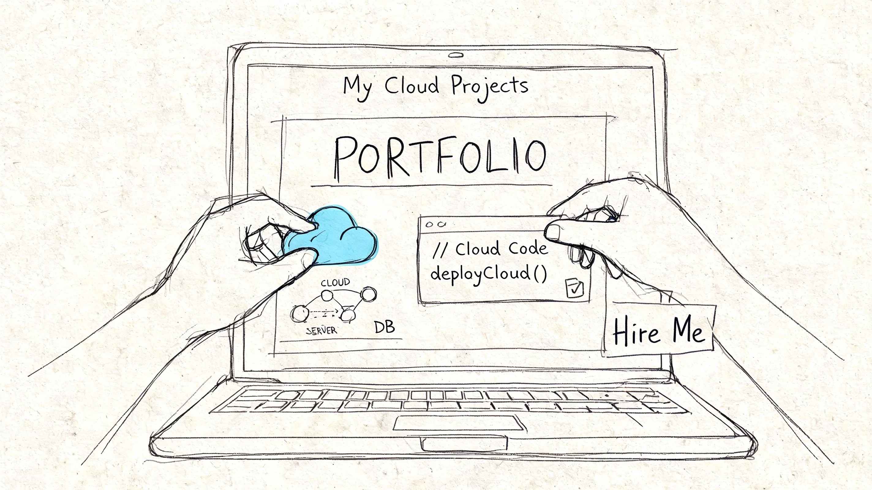 Laptop screen with portfolio, cloud icon, and deployment code.