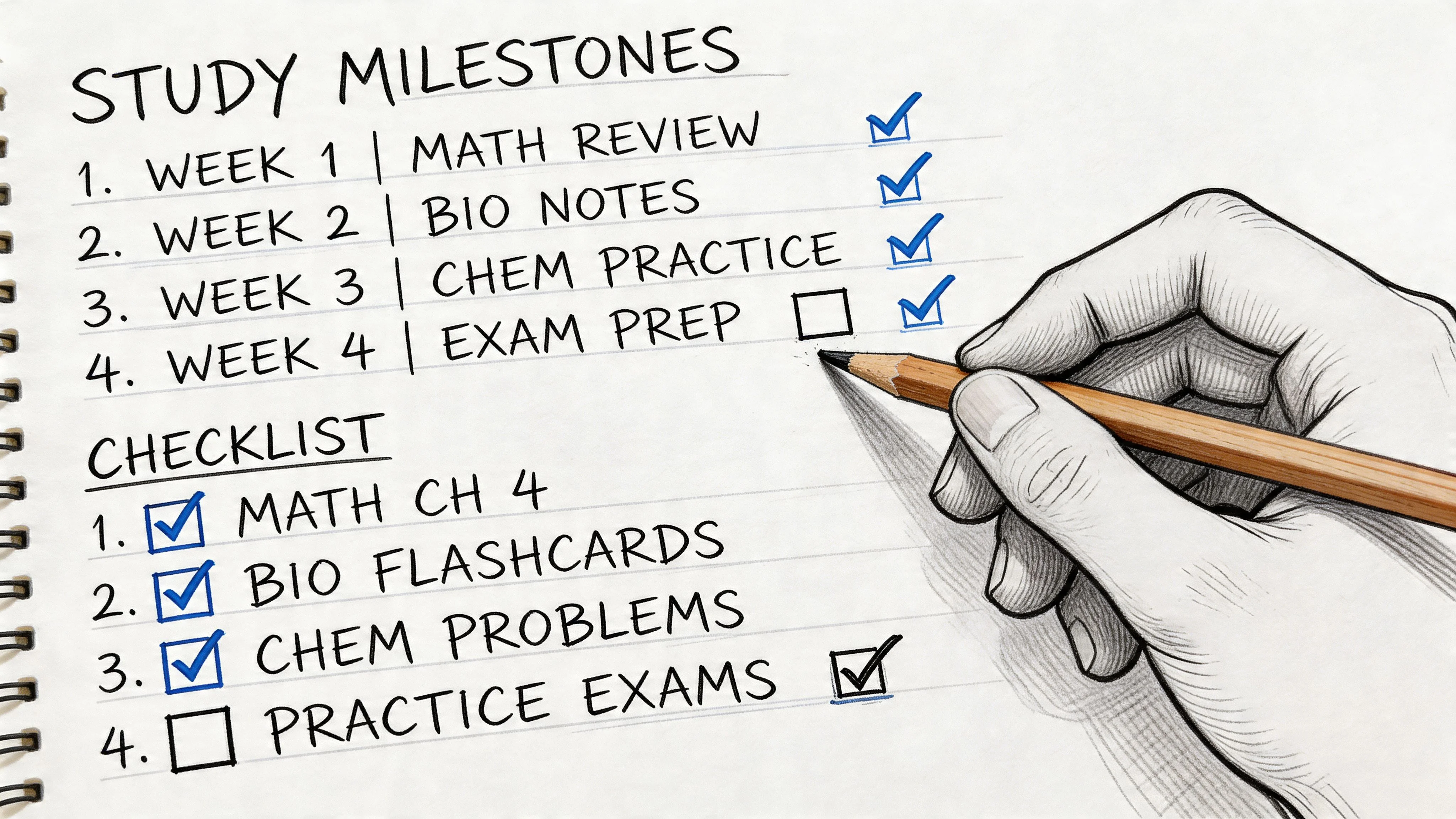 A hand with a pencil checking off items on a study milestones and checklist notebook page.