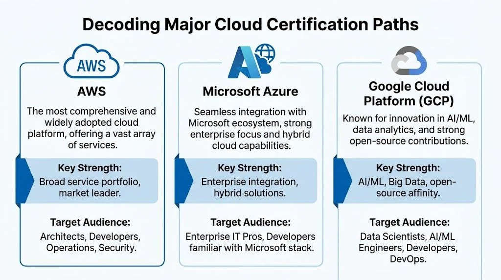 A comparison infographic detailing key strengths and target audiences for AWS, Microsoft Azure, and Google Cloud certification paths.