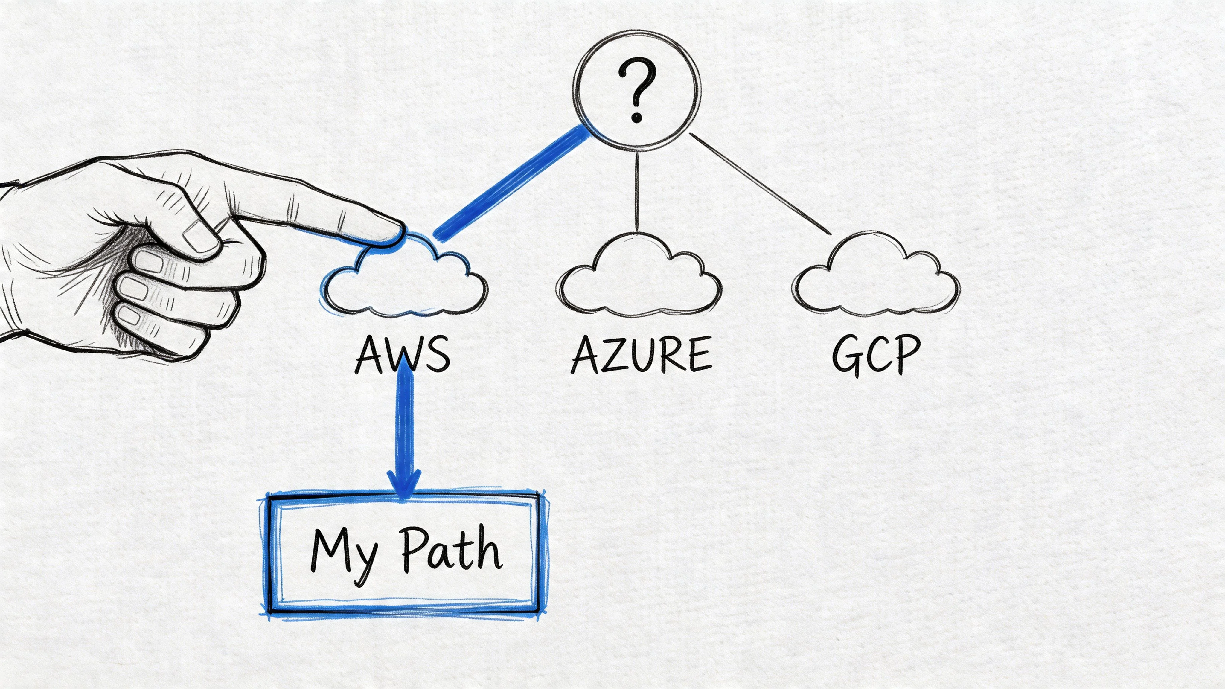 A hand pointing at the AWS cloud icon among Azure and GCP options representing a cloud choice.