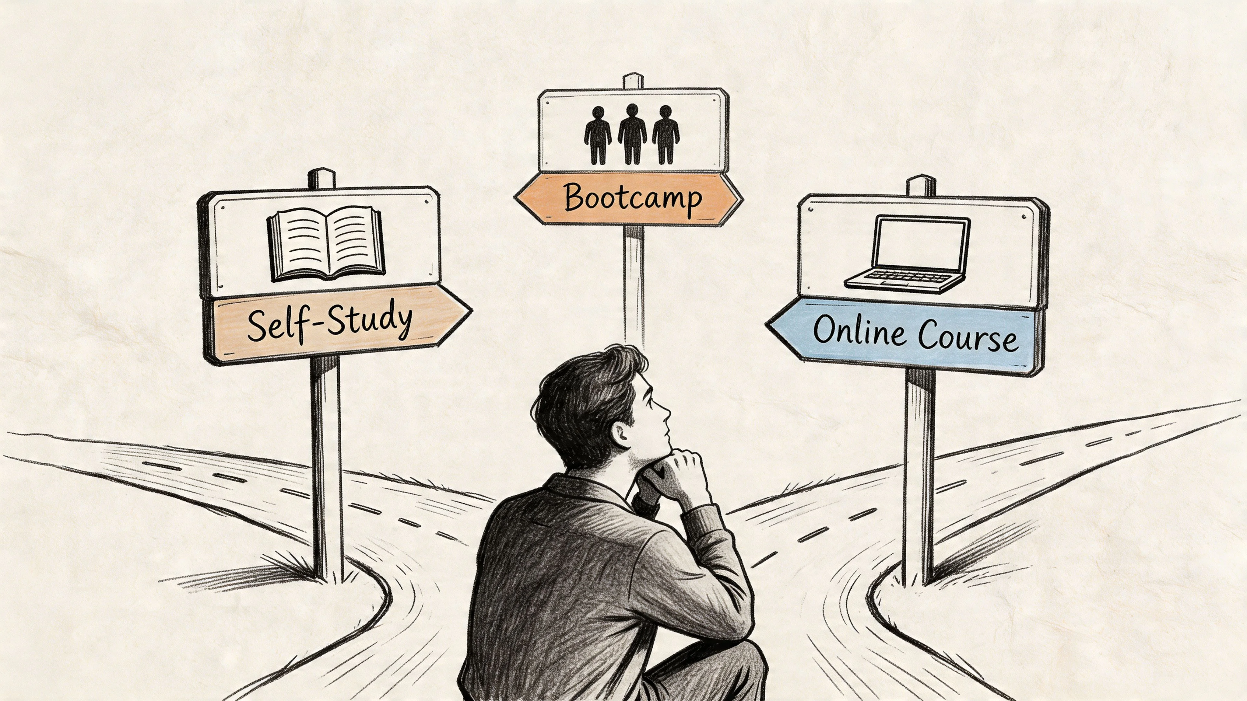 A young man contemplating career choices between self-study, bootcamp, and online courses for professional certification training.