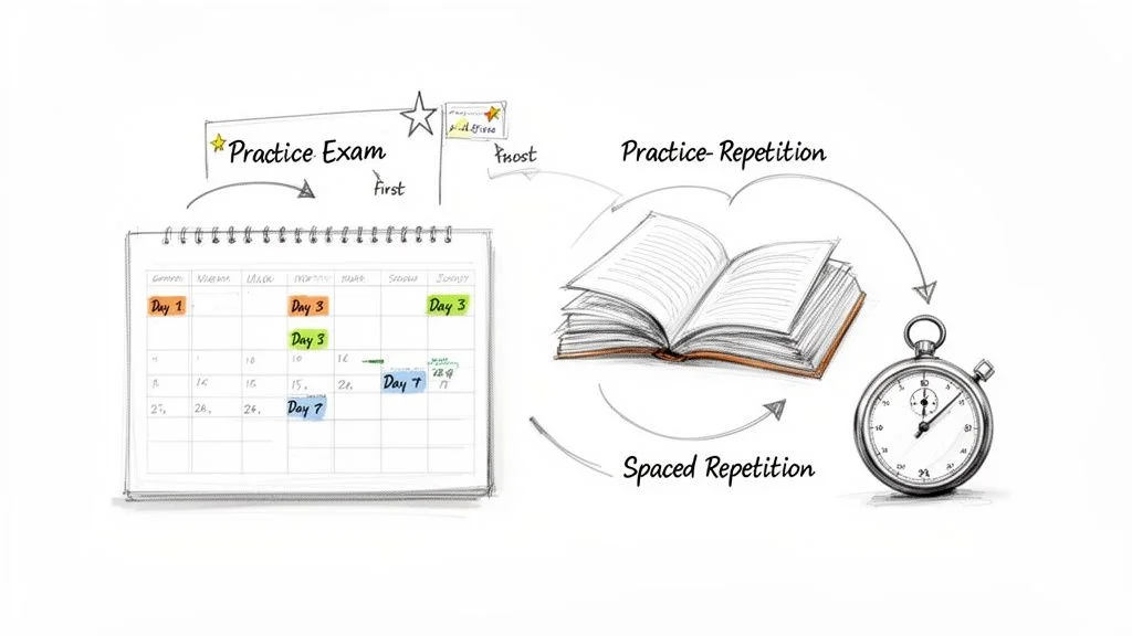 Illustration showing a study schedule on a calendar, practice exam results, spaced repetition flashcards, and an open book.