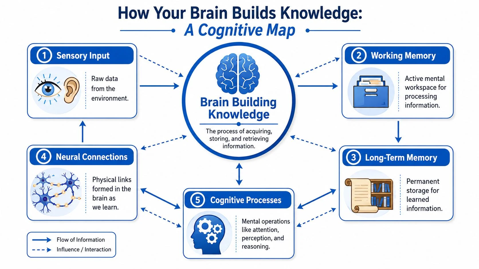 A diagram illustrating how the human brain acquires, stores, and retrieves knowledge through cognitive processes and memory.