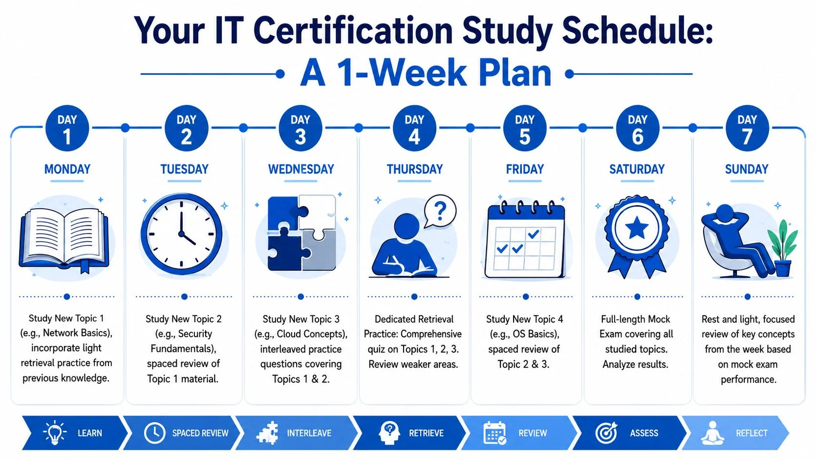 A 1-week study schedule infographic for IT certification exams with daily tasks and learning techniques illustrated.