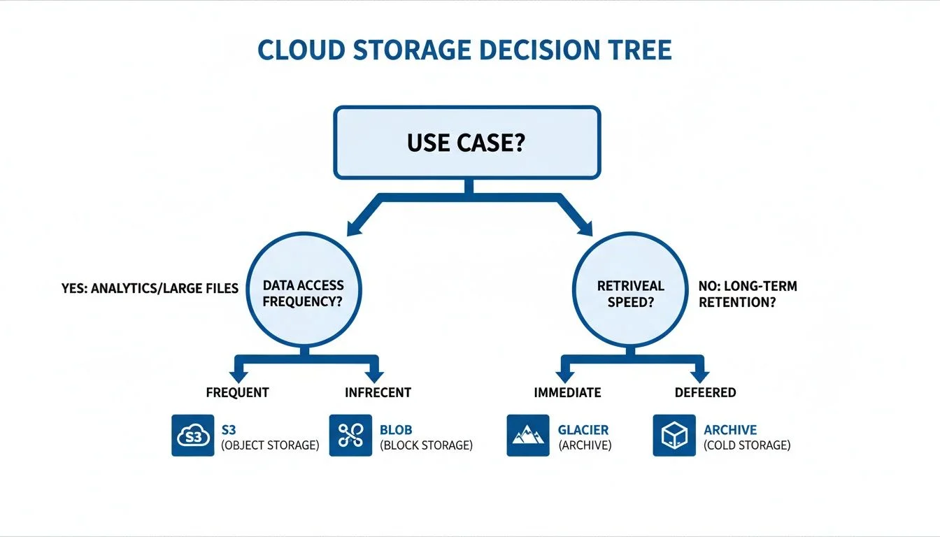 A cloud storage decision tree diagram illustrating storage options based on use case, access frequency, and retrieval speed, guiding users to appropriate services like S3, Blob Storage, Glacier, or Archive.