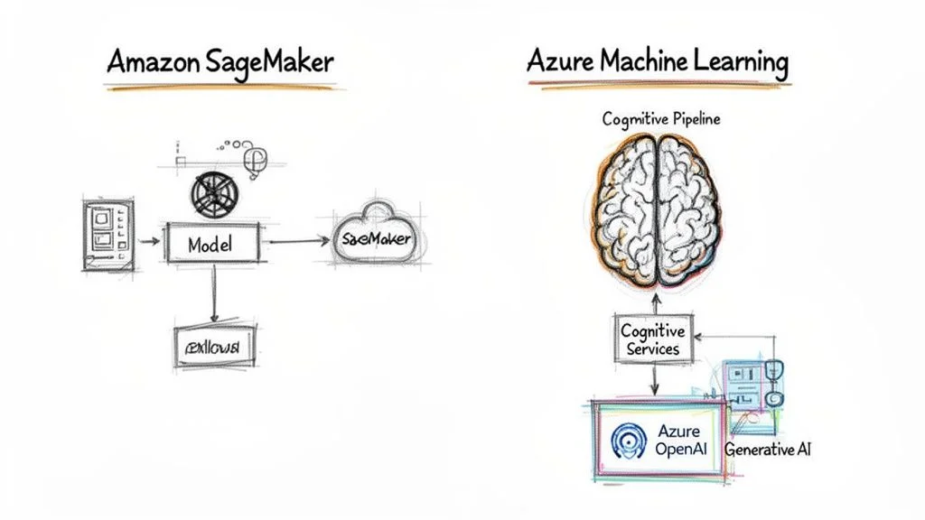Diagram comparing Amazon SageMaker and Azure Machine Learning architectures with various AI components, highlighting their respective ML platforms.