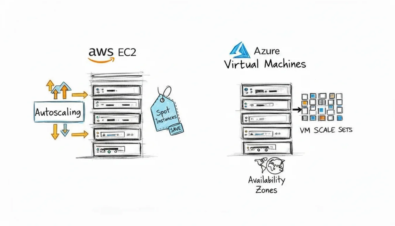 Diagram comparing AWS EC2 with autoscaling and spot instances to Azure Virtual Machines with VM Scale Sets, illustrating their core compute capabilities.