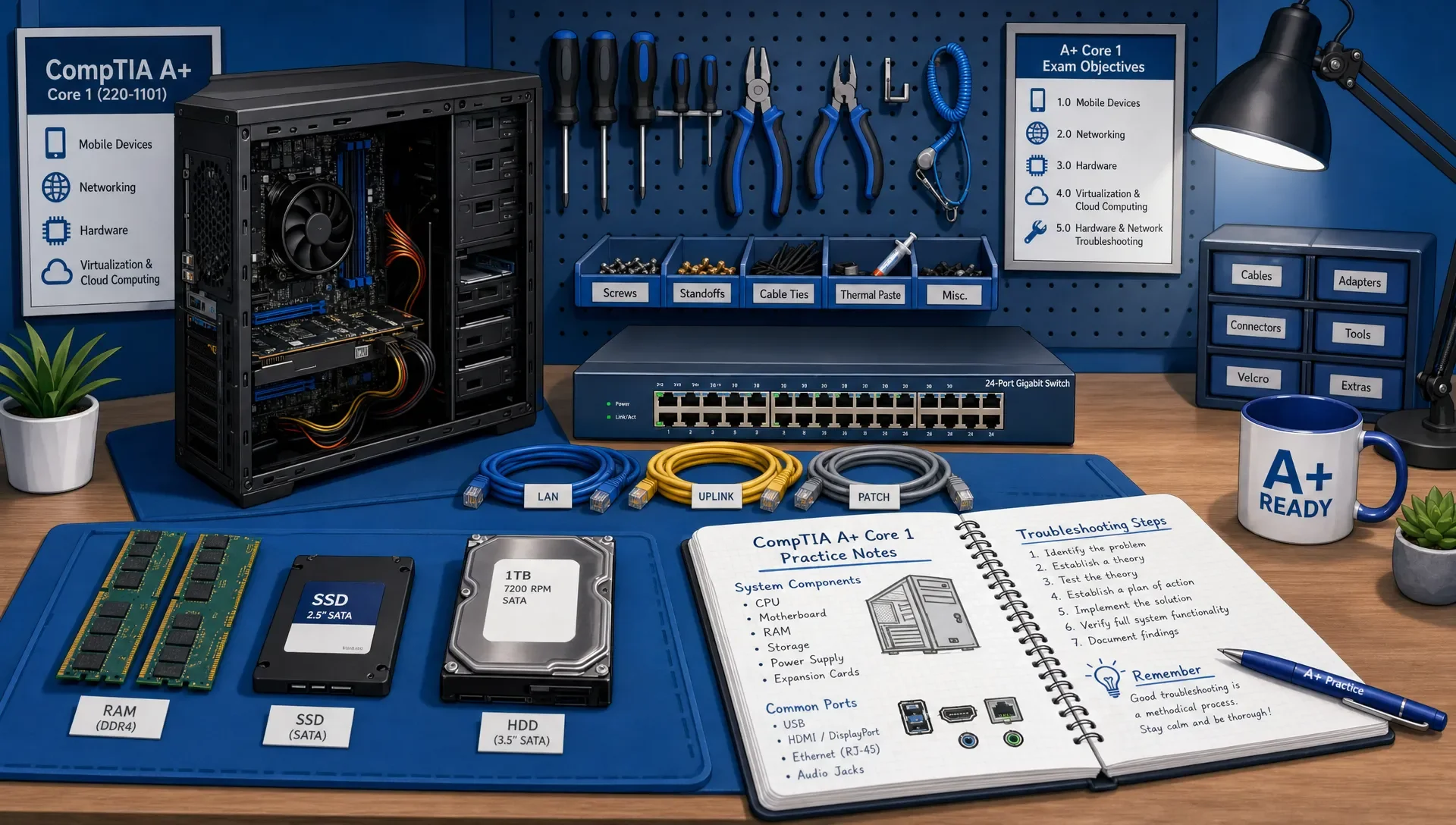 A tidy workbench with a desktop PC case, a network switch, labeled cables, RAM sticks, storage drives, and a technician's notebook organized for CompTIA A+ Core 1 practice.