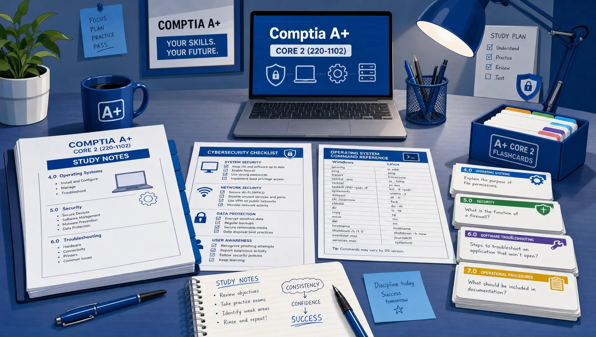 A study desk with printed CompTIA A+ Core 2 notes, a cybersecurity checklist, operating system command references, and flashcards sorted by exam domain.